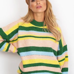 Wholesale Green oversized sweater with colorful stripes