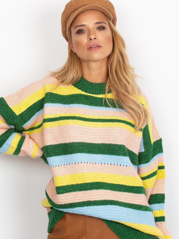 Wholesale Green oversized sweater with colorful stripes