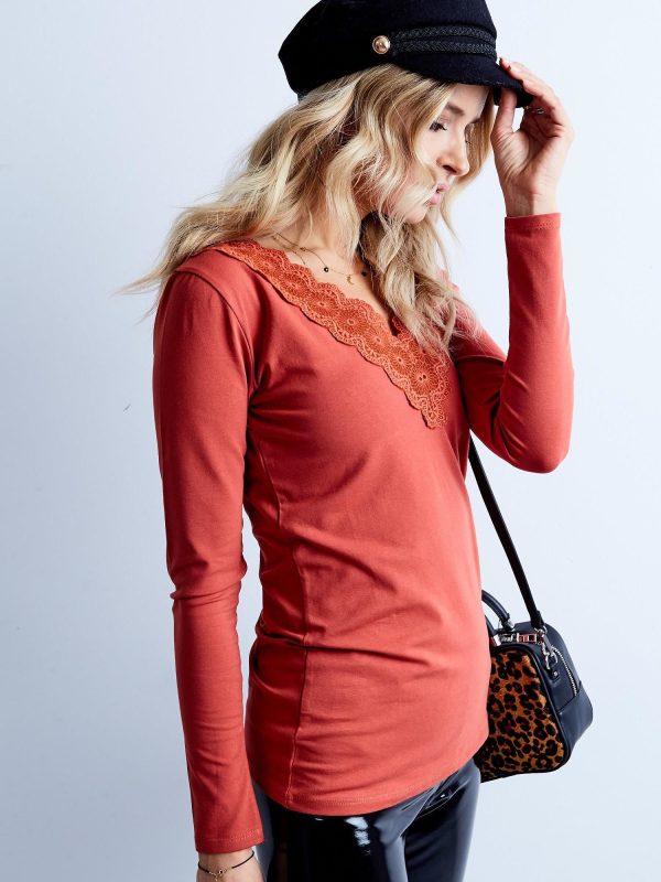 Wholesale Dark orange blouse with lace neckline