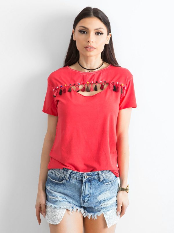 Wholesale Women's T-shirt with colorful pompoms red