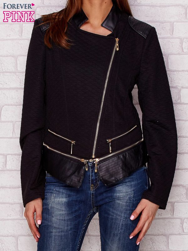 Wholesale Black biker jacket with gold zippers