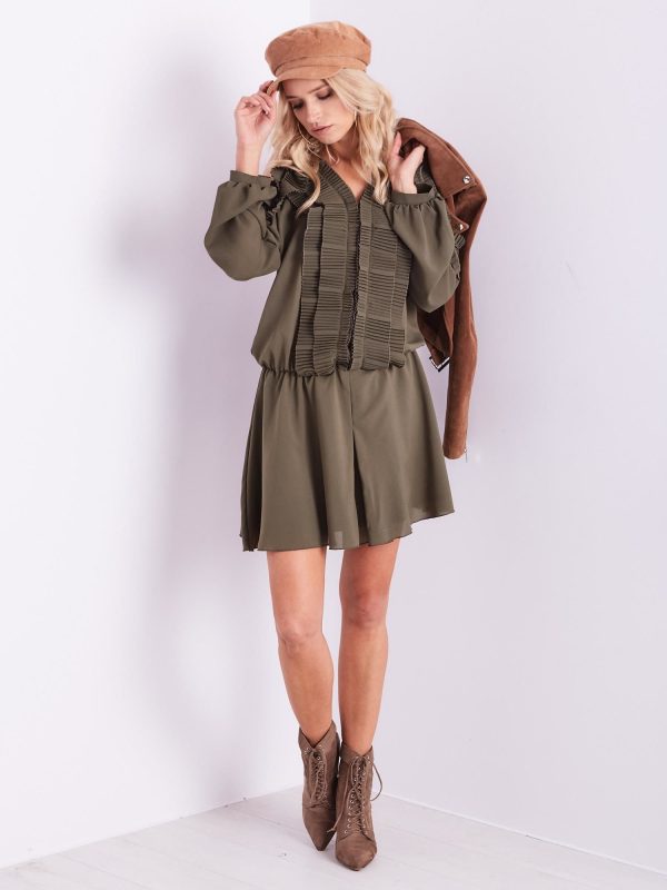 Wholesale BY O LA LA Khaki dress cut out with pleated jabot