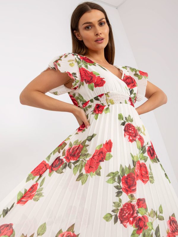 Wholesale White floral pleated midi dress with wrap neckline