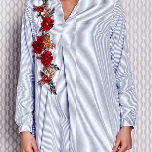 Wholesale Light Blue Striped Shirt with Floral Patch