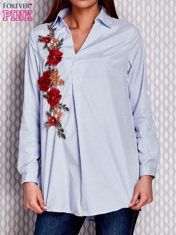 Wholesale Light Blue Striped Shirt with Floral Patch