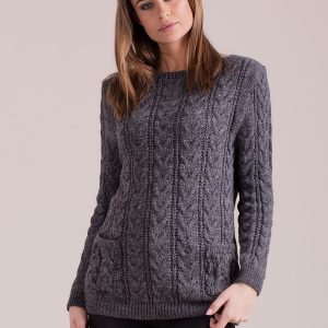 Wholesale Dark grey sweater with braids with pockets