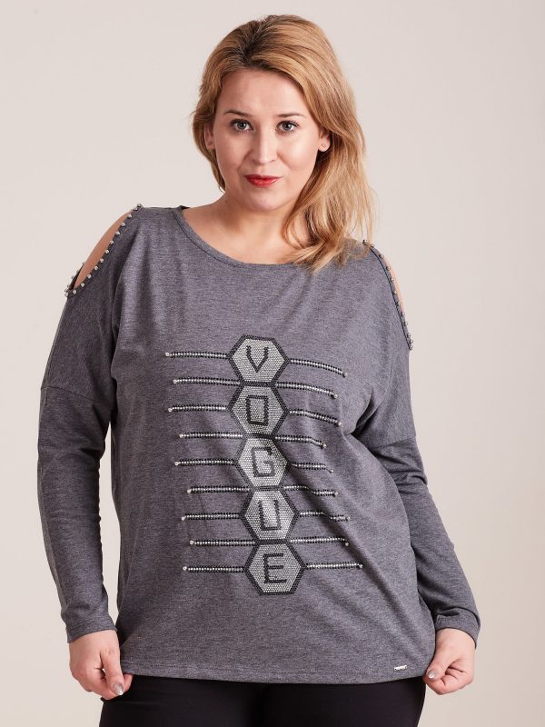 Wholesale Graphite cold shoulder blouse with PLUS SIZE applique