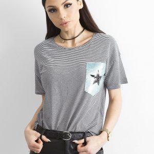 Wholesale Striped T-shirt with black and white applique