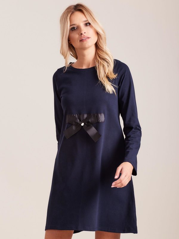 Wholesale Navy blue cotton dress with bow