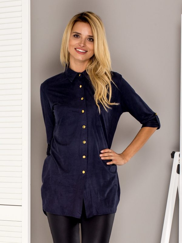 Wholesale Navy Suede Shirt with Roll up Sleeves