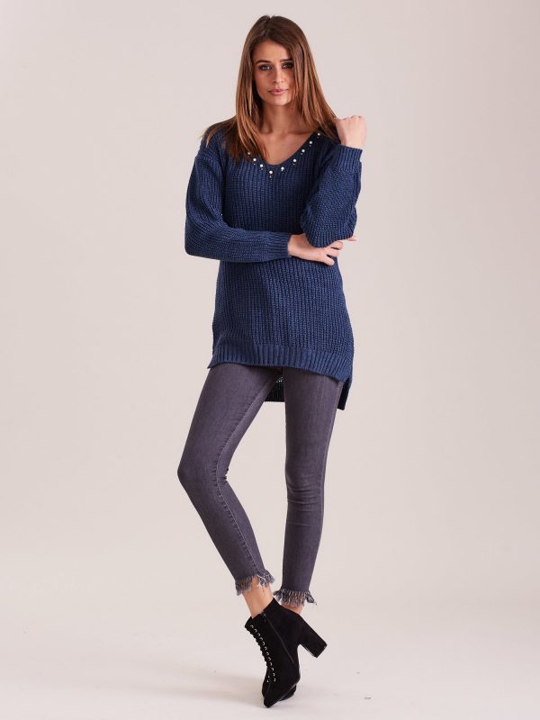 Wholesale Dark blue sweater with pearls