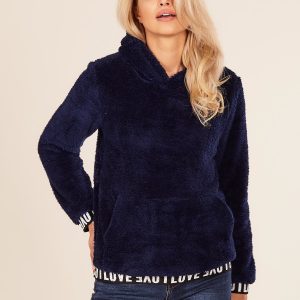 Wholesale Fluffy women's hooded sweatshirt navy blue