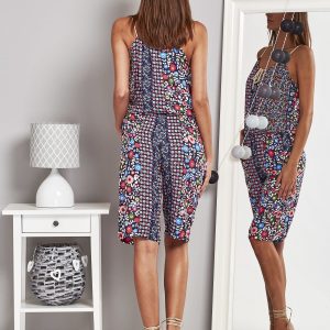 Wholesale Patterned jumpsuit on thin straps navy blue