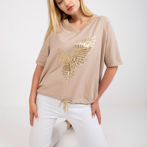 Wholesale Beige Cotton Plus Size V-Neck Blouse