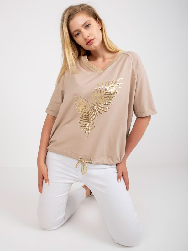 Wholesale Beige Cotton Plus Size V-Neck Blouse