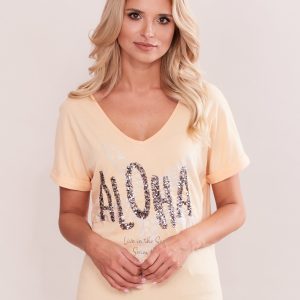 Wholesale T-shirt with sequin inscription peach