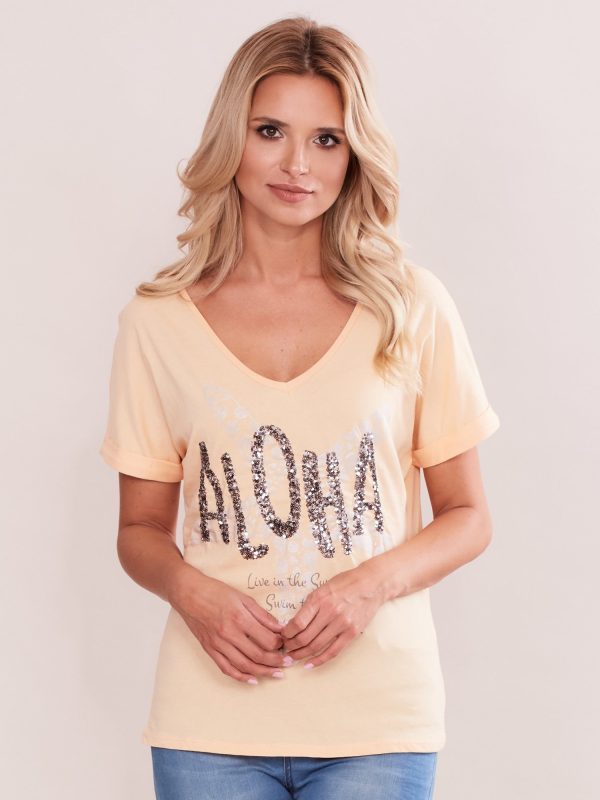 Wholesale T-shirt with sequin inscription peach