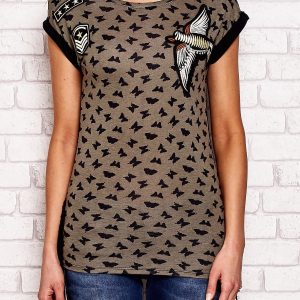 Wholesale Khaki T-shirt in butterflies with stripes and fringes