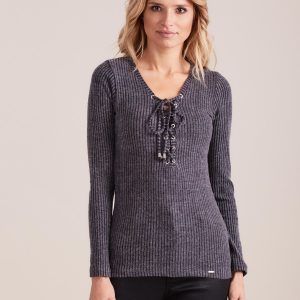 Wholesale Dark grey fitted striped blouse with lacing