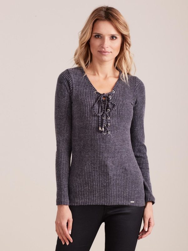 Wholesale Dark grey fitted striped blouse with lacing