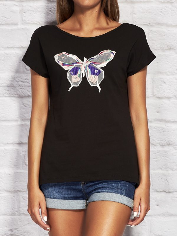 Wholesale Black t-shirt with colorful butterfly