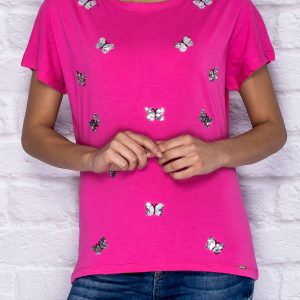 Wholesale T-shirt with sequin butterflies dark pink