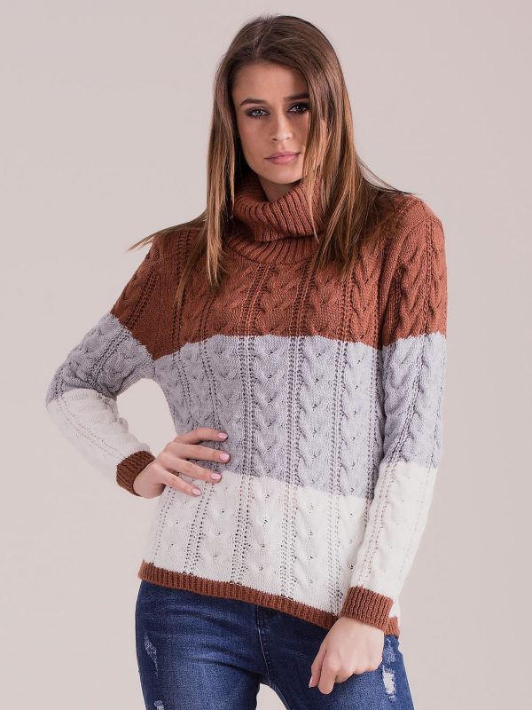 Wholesale Brown turtleneck sweater with braids