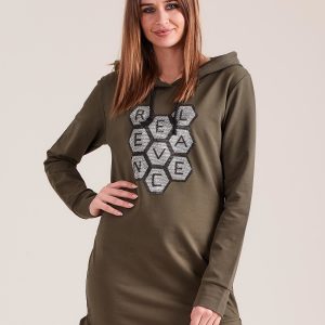 Wholesale Khaki sweatshirt tunic with hood and applique