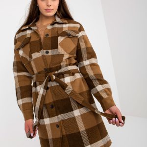 Wholesale Brown Women's Plaid Coat with Tied Strap