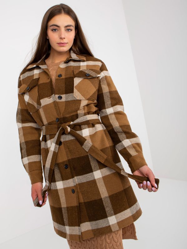 Wholesale Brown Women's Plaid Coat with Tied Strap