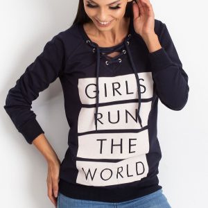 Wholesale Navy blue lace-up sweatshirt with inscription