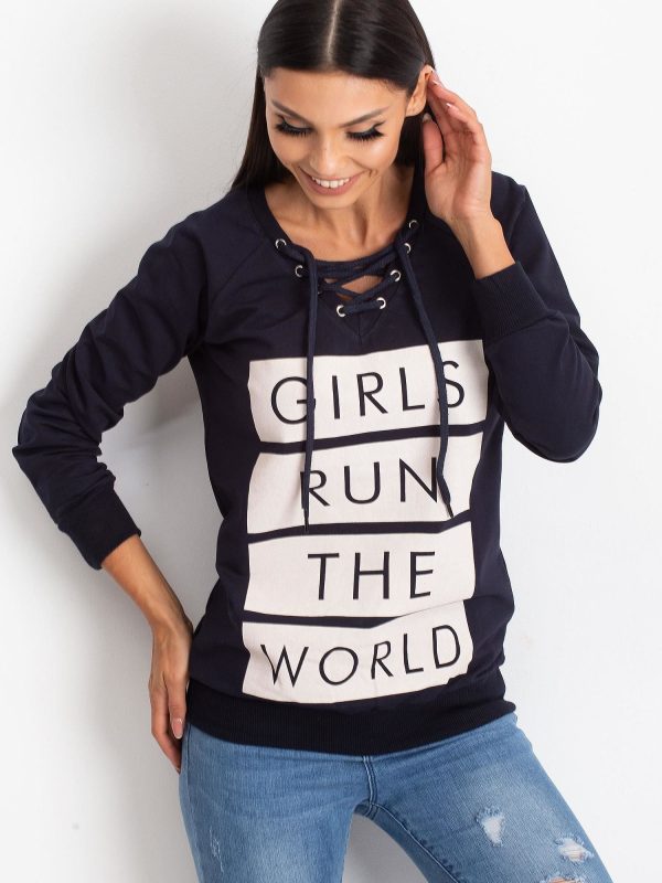 Wholesale Navy blue lace-up sweatshirt with inscription