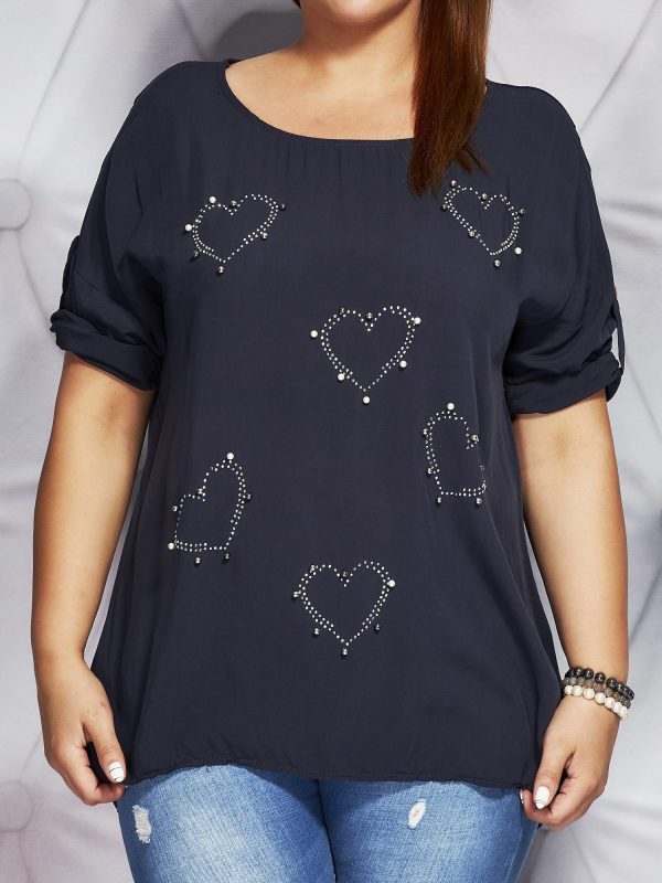 Wholesale Navy blue blouse with glossy applique of hearts PLUS SIZE