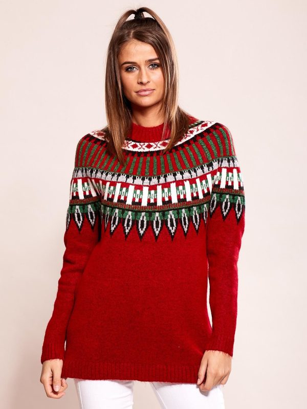 Wholesale Burgundy sweater with ethnic patterns