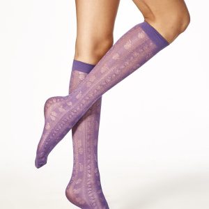 Wholesale Knee socks in roses and ornaments purple