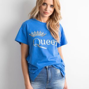 Wholesale Blue t-shirt with inscription and applique