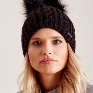 Wholesale Black hat with pompom with braids