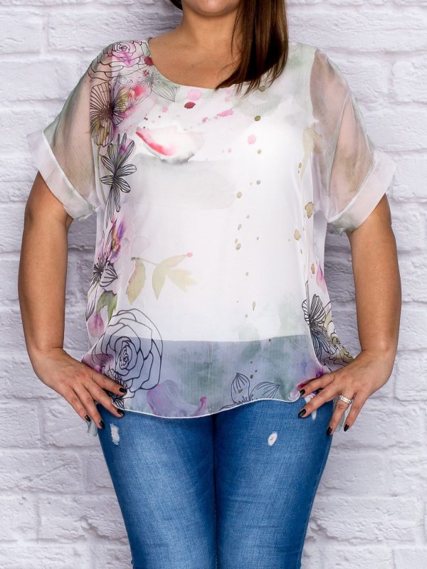 Wholesale Green airy shirt blouse in painting patterns PLUS SIZE