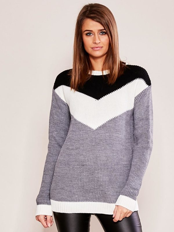 Wholesale Gray-white sweater with color blocks