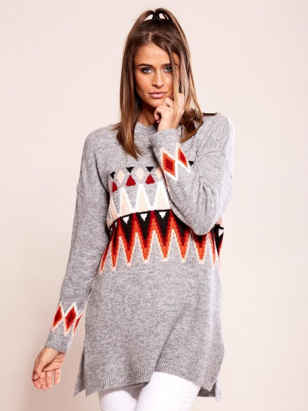 Wholesale Grey sweater with ethnic patterns