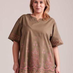 Wholesale Oversize shirt blouse with khaki ethnic motifs PLUS SIZE