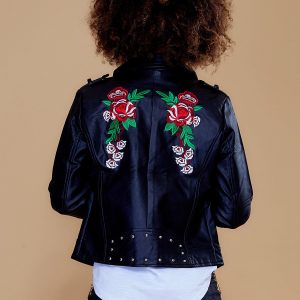 Wholesale Biker jacket with studs and flower embroidery black