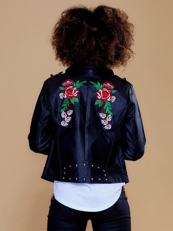 Wholesale Biker jacket with studs and flower embroidery black