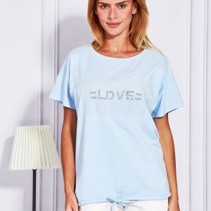 Wholesale Light blue blouse with glossy inscription LOVE