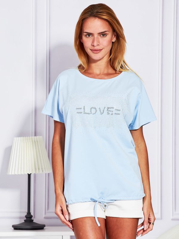 Wholesale Light blue blouse with glossy inscription LOVE