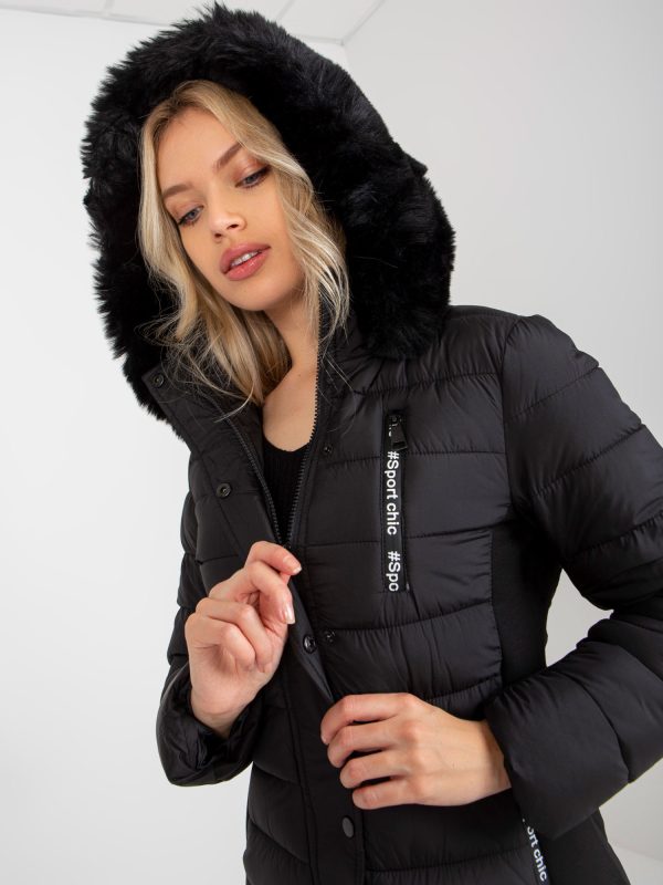 Wholesale Black quilted transition jacket with fur on hood