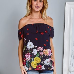 Wholesale Eairy Spanish floral blouse with flounce navy blue