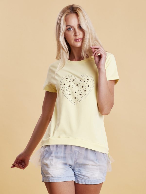 Wholesale Yellow t-shirt with glossy applique and tulle insert