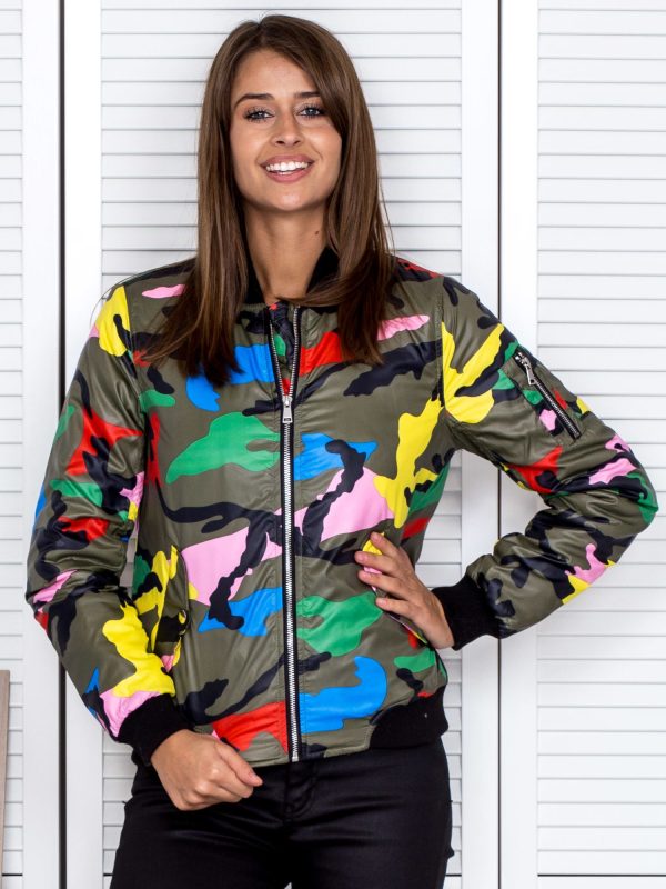 Wholesale Women's bomber jacket in colorful camo pattern