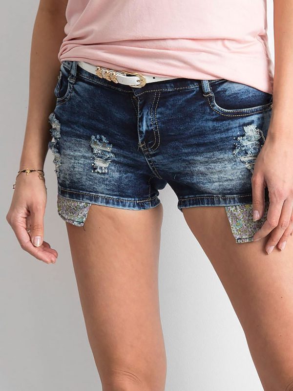 Wholesale Blue denim shorts with abrasions